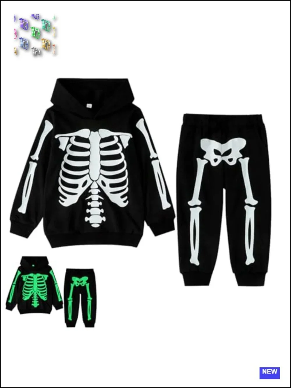 Glow in the Dark Skeleton Hoodie & Pants Set for Toddler Kids 2T-8T Halloween
